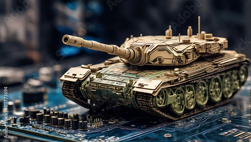 Closeup of a military tank model on a computer motherboard, AI taking control over war concept or race on manufacturing micro chips, wide banner design with copy space area, gold