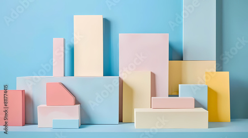 minimalist composition with pastel color blocks on a blue background © YOGI C