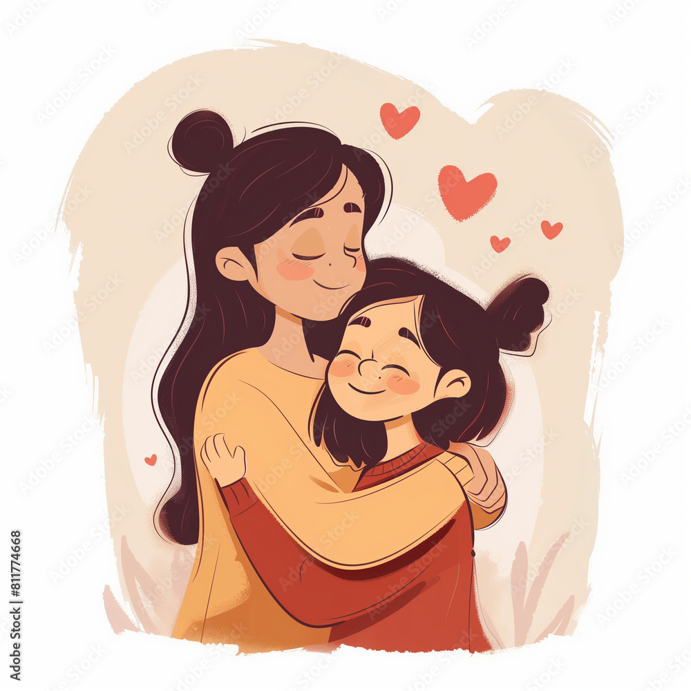 Illustration of a mother hugging her daughter. The idea of a warm relationship between mother and daughter. Love in the family. Mothers Day