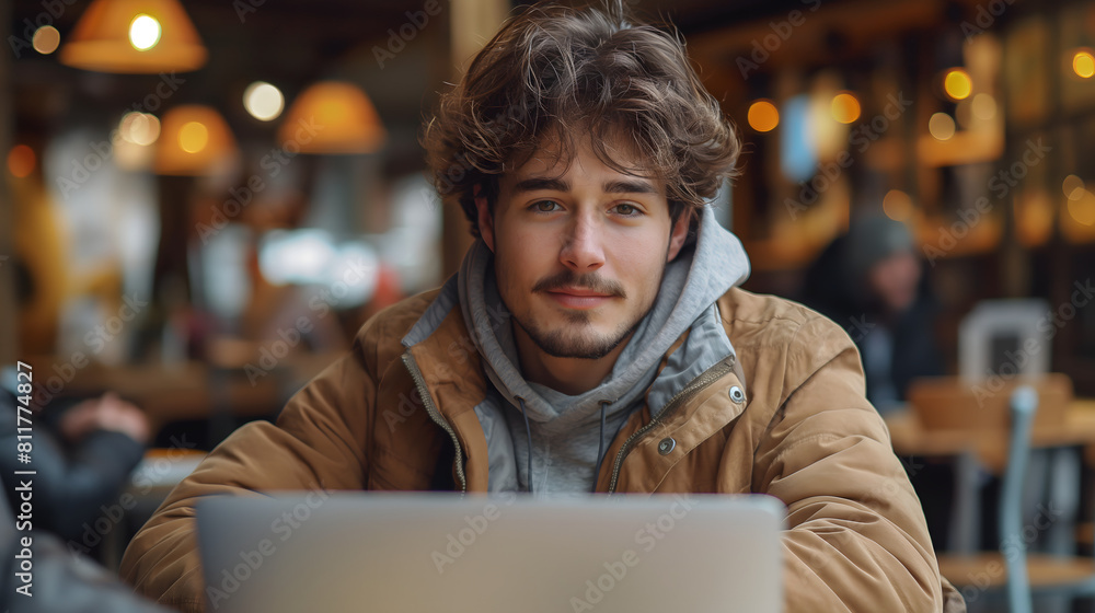 Young man working on laptop, IT programmer freelancer or student with computer in cafe at table looking in camera