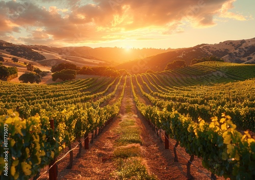 Sun setting behind rows of vines in a vineyard