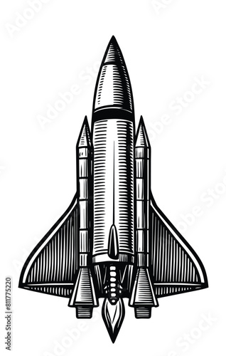 Space ship vintage rocket shuttle woodcut engraved style, vector illustration