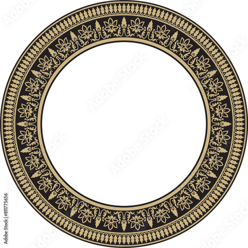 Vector round gold and black Indian national ornament. Ethnic plant circle, border. Frame, flower ring. Poppies and leaves