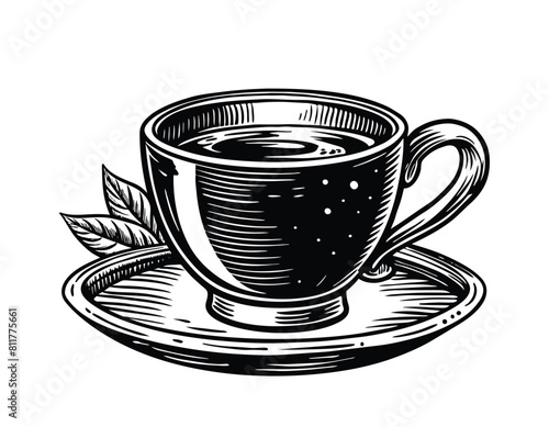 Cup of tea or coffee ink sketch engraved style, vector illustration