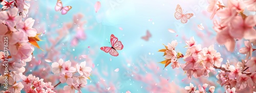 Beautiful spring cherry blossoms background, butterflies, created with AI