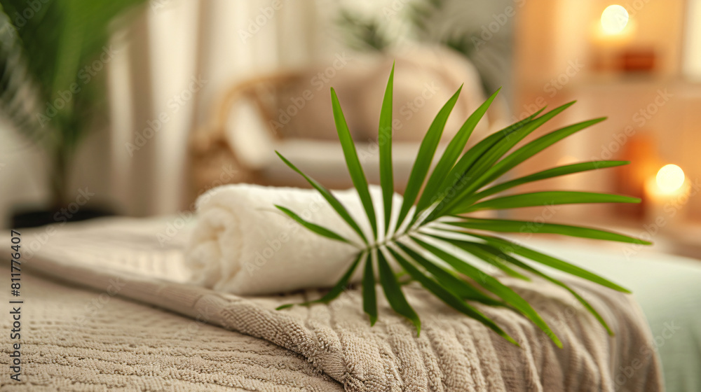 Spa composition with palm leaf on couch in salon close