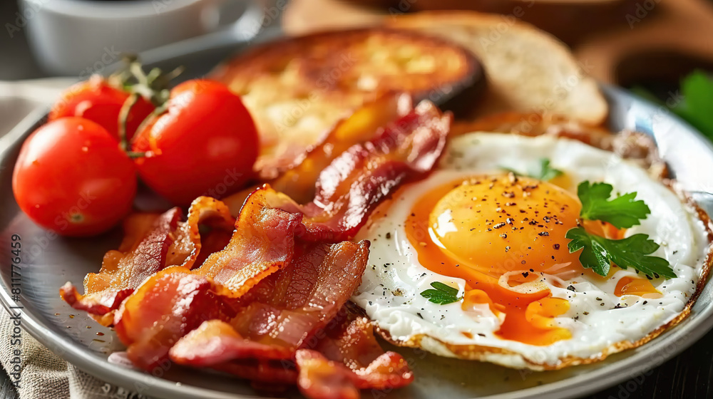 The breakfast table is adorned with a tempting ensemble a fried egg, crispy bacon, and sliced tomatoes,a savory morning delight The breakfast table is adorned with a tempting ensemble a fried egg, crispy bacon, and sliced tomatoes,a savory morning delight