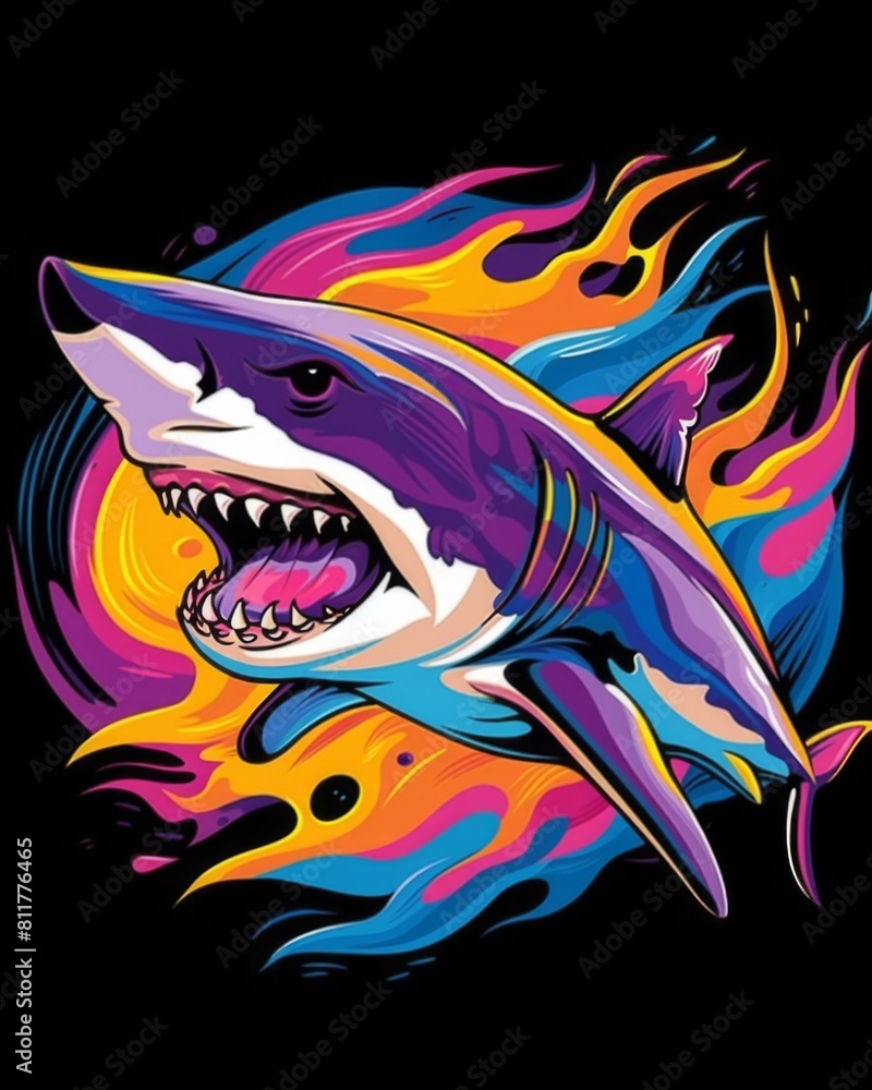 A shark with flames engulfing its face, set against a vibrant backdrop, for t-shirt graphic design