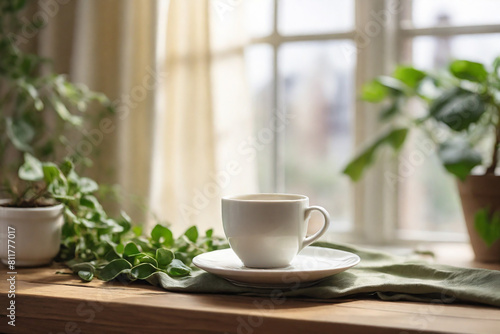 Cup of coffee on wooden table in front of window with plants