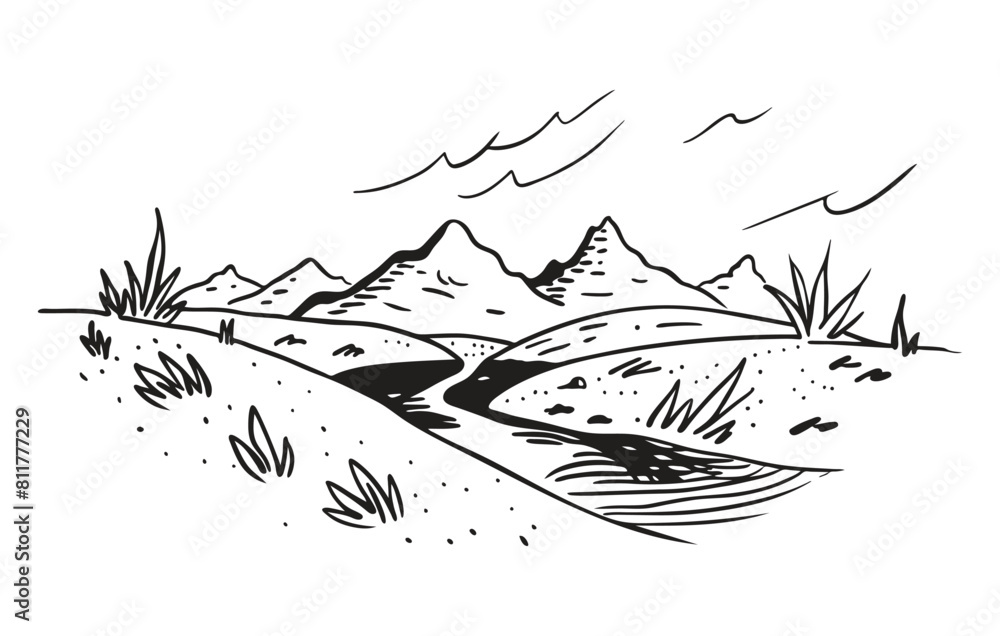 Fototapeta premium Mountains and river landscape doodle vector illustration