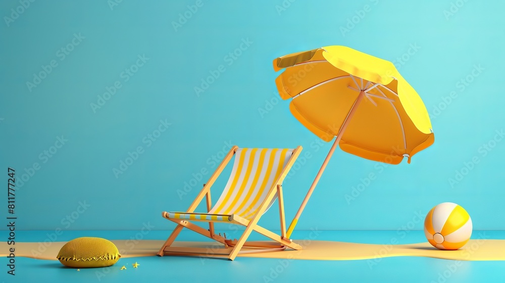 Summer vacation, beach chair, yellow umbrella, ball, and time to travel concept in 3D vector illustration.  