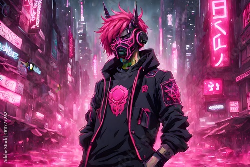Anime fella with cyberpunk vibes flaunting a pink oni mask photo