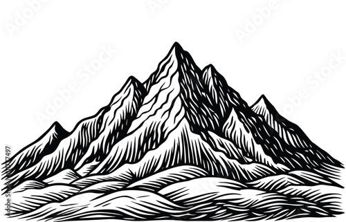 Mountains in sketch engraved hand drawn style, vector illustration 