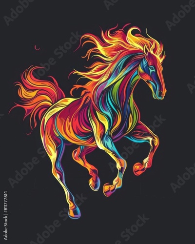A vibrant, colorful horse runs gracefully across a stark black backdrop