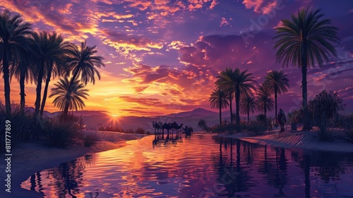 A tranquil oasis scene at sunset with silhouettes of camels and towering palm trees reflected in water. Resplendent.