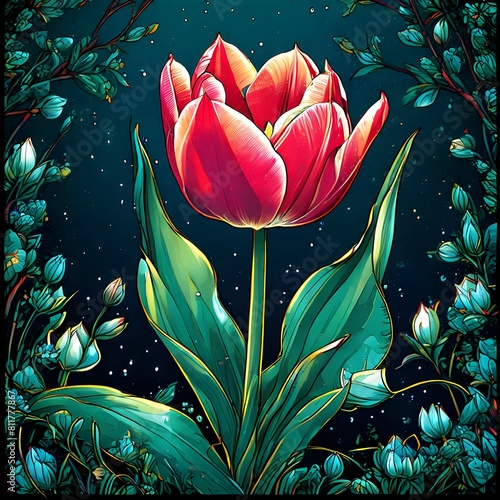 Tumberlina insinuated amidst sea of emerald leaves, petals imbued with blush of dawn, evokes gentle spring whispers, glowing, ultra hd, realistic, vivid colors, highly detailed, UHD pen and ink draw photo