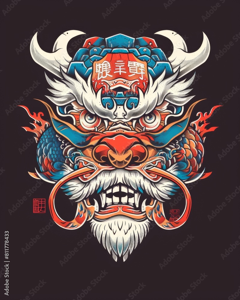 A vibrant Chinese mask adorned with a dragon head, symbolizing mythical power A vibrant Chinese mask adorned with a dragon head, symbolizing mythical power