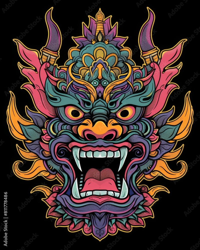 Colorful dragon head with intricate details against a dark background
