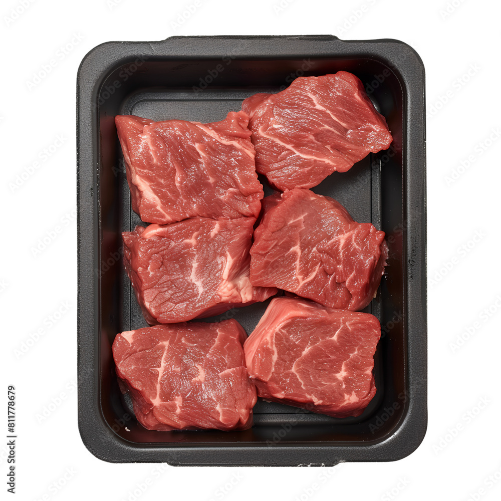 Raw beef in a black plastic tray, isolated, transparent background, white background, no background Raw beef in a black plastic tray, isolated, transparent background, white background, no background