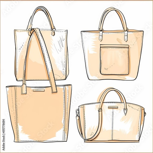BAG, technical drawing flat sketch, tote bag, purse, women's shopping bag, and makeup bag vector design template.