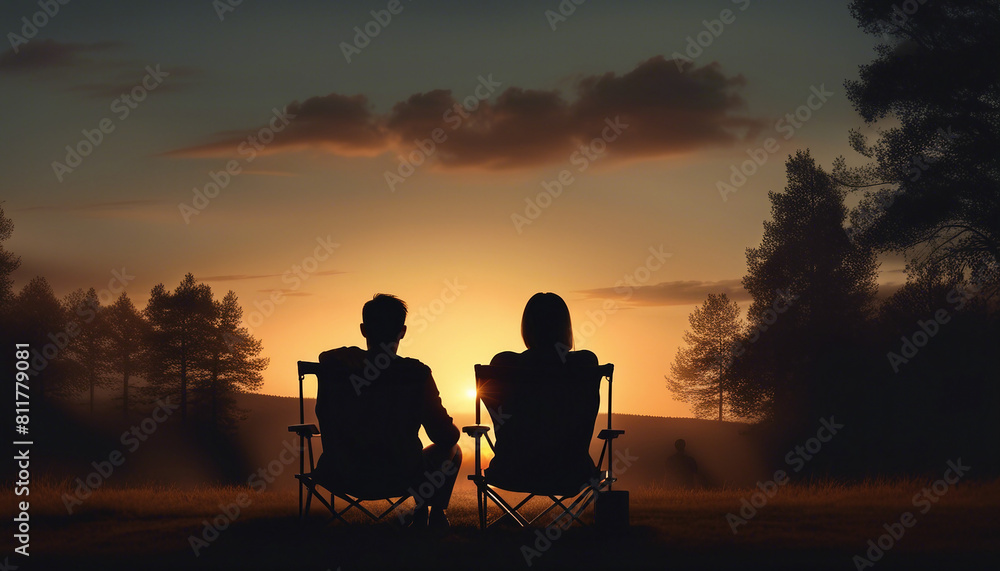 ilhouette of couple sitting on camping chair and watching sunset view
ilhouette of couple sitting on camping chair and watching sunset view