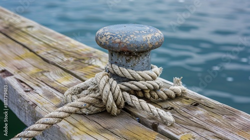 Close-up of a nautical mooring rope with its knotted end wrapped around a cleat on a wooden pier