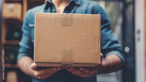 Man's hand in closeup holding cardboard in his new house. A young man in his new apartment is unpacking boxes. Man moving with his girlfriend, carrying a carton box by hand