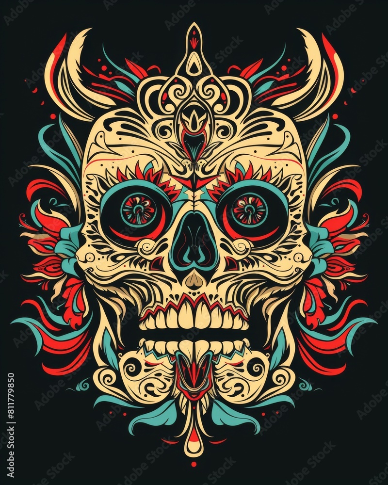 Stunning skull adorned with animalistic totemic designs against a black backdrop