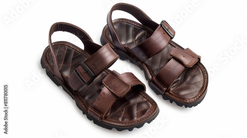 isolated pair of dark brown leather sandals against a white backdrop