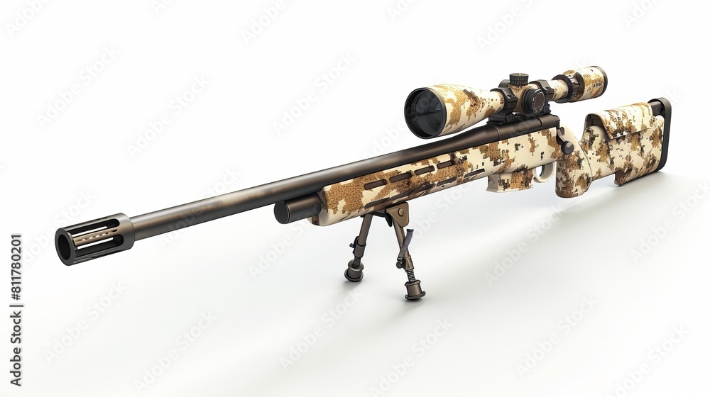 Desert Camouflage Sniper Rifle with a white background in a studio setting.