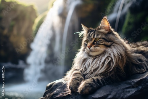 Lifestyle portrait photography of a happy siberian cat sleeping isolated on majestic waterfall