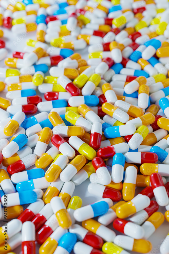 Pharmaceutical industry bunch of various colours white capsule pills on a white background - Medicine healthcare medicament. 3D illustration Pharmaceutical industry bunch of various colours white capsule pills on a white background - Medicine healthcare medicament. 3D illustration