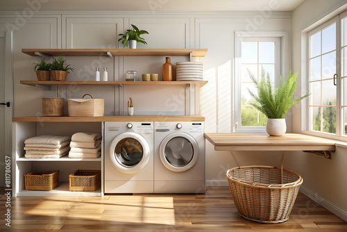 empty shiny wooden counter top for products display in laundry room with a washing machine and a basket. Background
