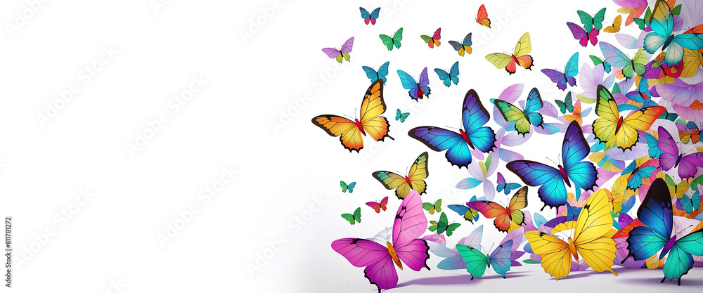 Fototapeta premium Banner of imagine a kaleidoscope of colorful butterflies with copyspace for texts