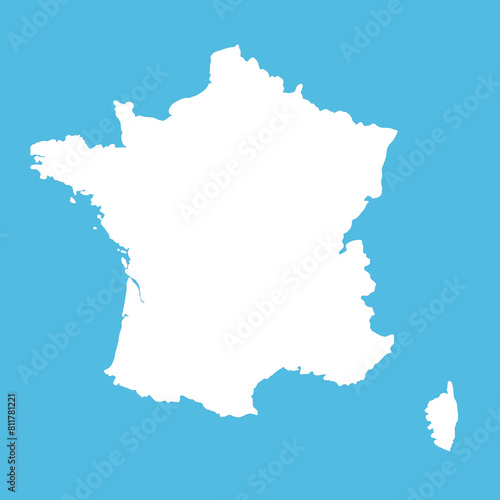 White silhouette of France on the blue background. Map illustration of European country. 