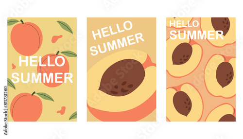 Summer poster with peach in flat style, hello summer, poster concept, postcard, wall art, banner background, summer cards set