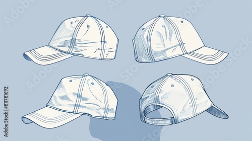 Baseball cap flat sketch with open top. sports cap clothing style. front, rear, and side. CAD model for accessories. Template for technical drawings. Vector-based artwork. photo
