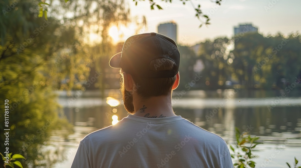 Picture of a Young Man with a Beard and a Black Blank Cap, with the backdrop of Green City Park Lake and the sunset effect. Back view. 