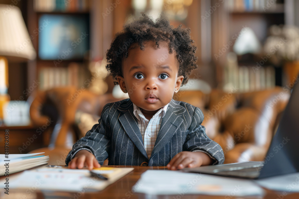 A two-year-old boss toddler dressed in a smart formal suit, presides over a luxurious office, tackling paperwork with a serious expression A two-year-old boss toddler dressed in a smart formal suit, presides over a luxurious office, tackling paperwork with a serious expression