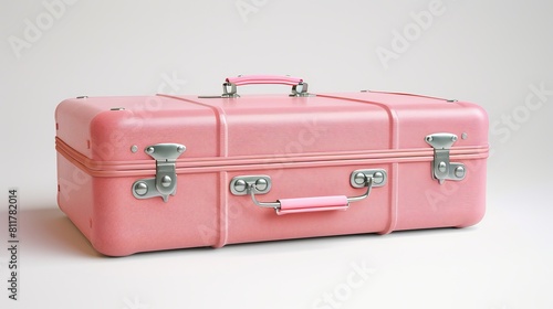 Three-dimensional, front-facing, pink hard plastic suitcase image on a white background