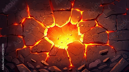 Cartoon Style Top Down View Of Dark Gray Stone Wall With Red Orange Glowing Cracks In The Center That Form An Opening To Another World