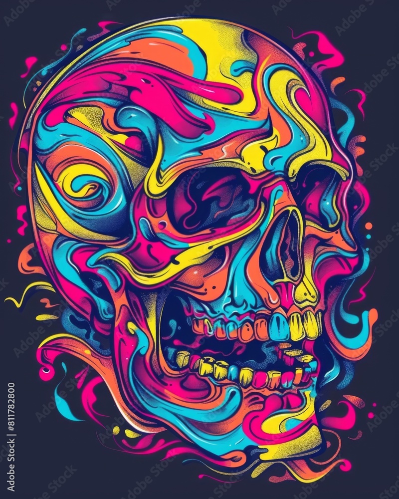 A colorful skull with psychedelic swirls on a black background