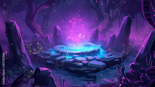 The Cartoon and realistic  stone battleground platform at night neon style look  Illustration