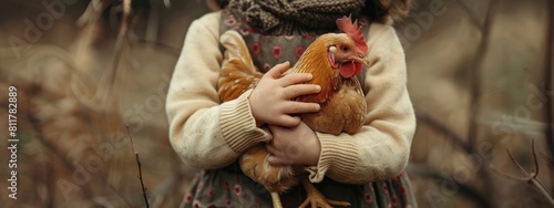 a small child on a farm holds a chicken in his hands. Selective focus