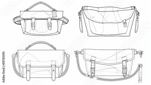 A pair of Belt Bum bags in silhouette. Technical illustration of a fashion accessory. CAD mockup sketch outline isolated vector satchel front 3-4 view for men and women, unisex style, flat handbag