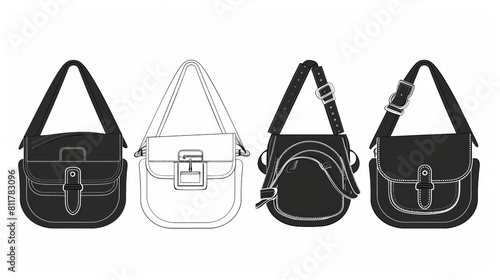 A pair of Belt Bum bags in silhouette. Technical illustration of a fashion accessory. CAD mockup sketch outline isolated vector satchel front 3-4 view for men and women, unisex style, flat handbag