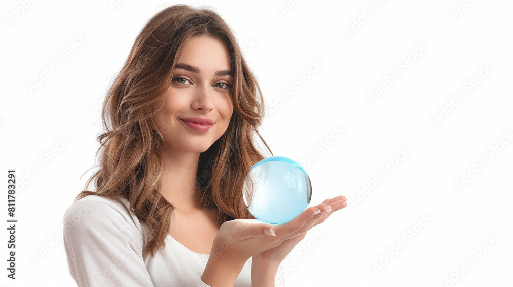 Beautiful woman holding a 3D Mood Booster icon on her palm Beautiful woman holding a 3D Mood Booster icon on her palm