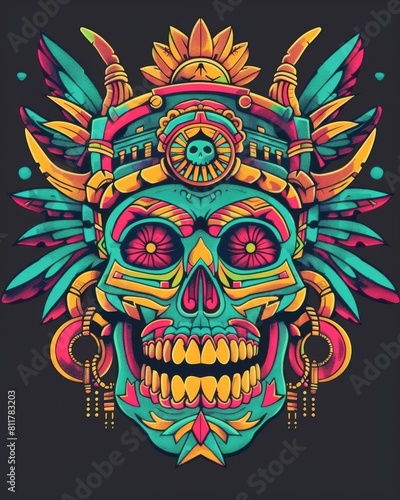 A colorful skull adorned with feathers and tribal masks on a black background