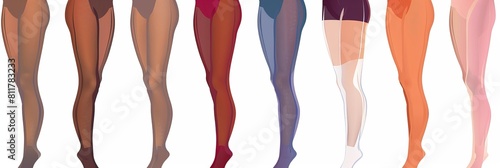 Several pairs of Den Denier opaque tights panties on the legs. Vector side view of a flat template CAD mockup sketch for men and women in a unisex style