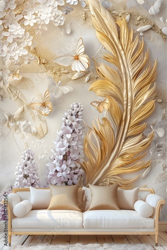 d wallpaper, golden feathers, butterfly and muscari armeniacum on creamy color background photo